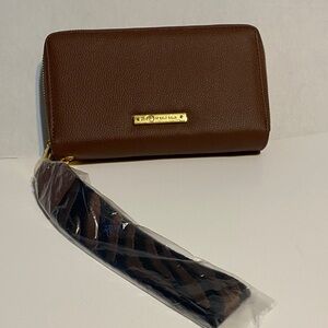 Joy Mangano Brown wallet/ purse with Gold Detail. NWOT animals print strap